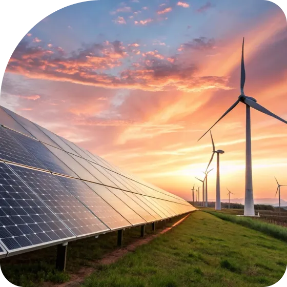 A solar panel with wind turbines in the background.