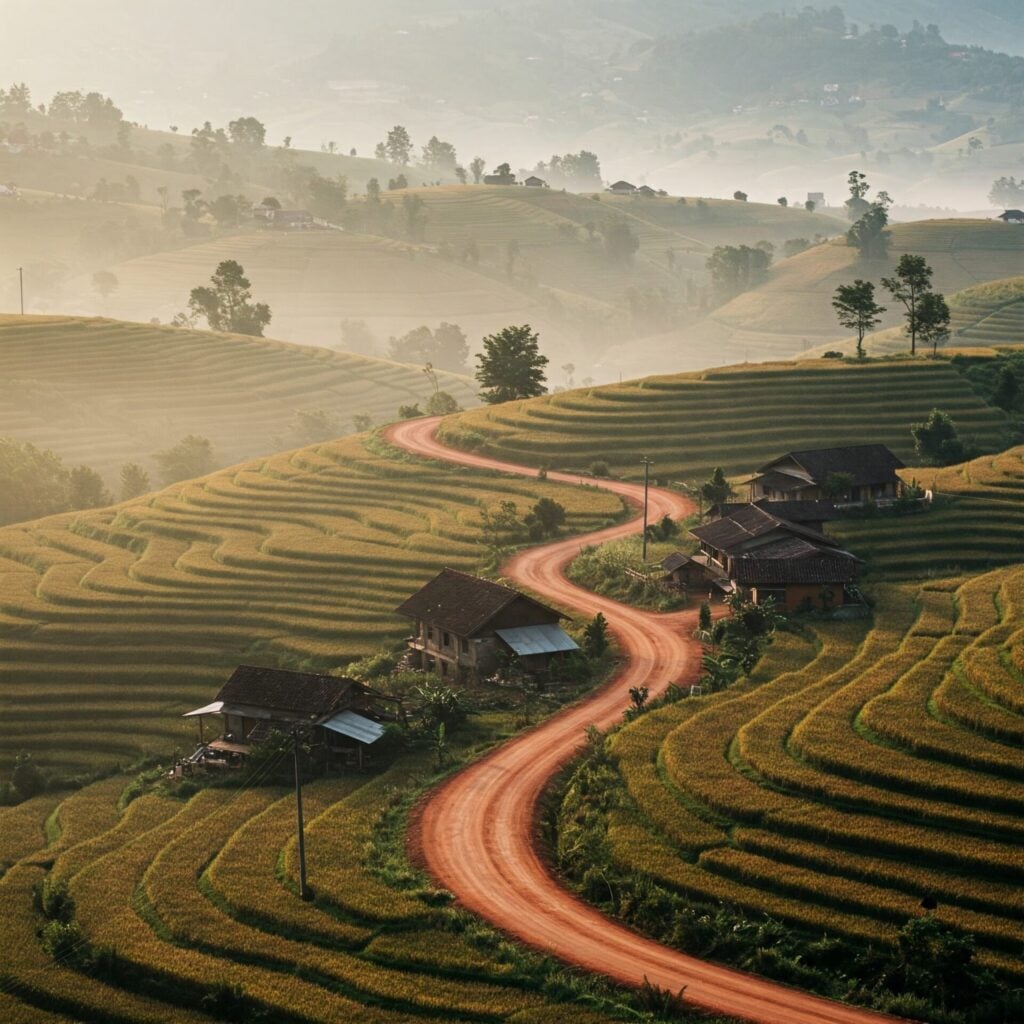 A paved path winds beautifully through the lush, green rural landscape.